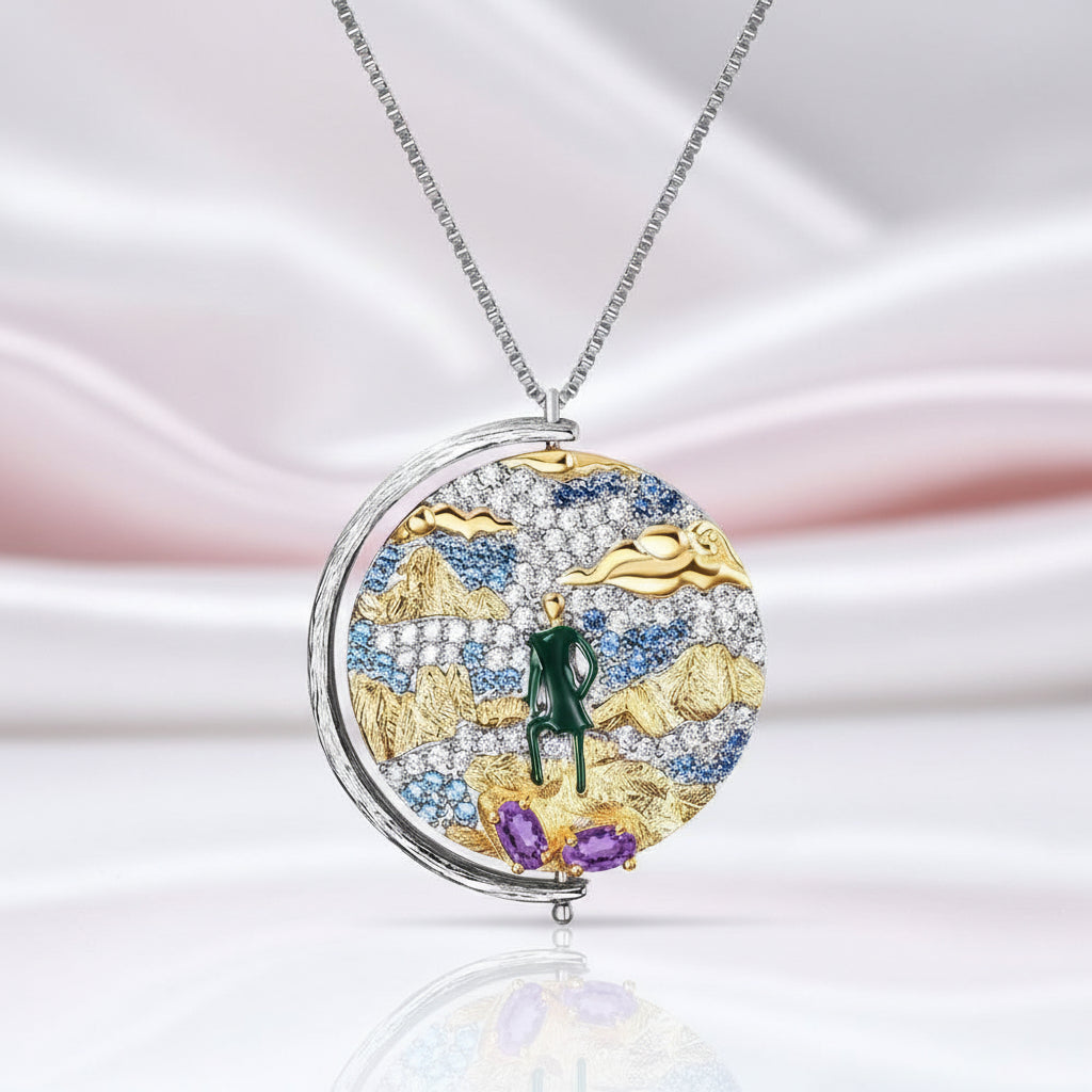Rotatable Oil Painting Pendant Necklace-Black Diamonds New York