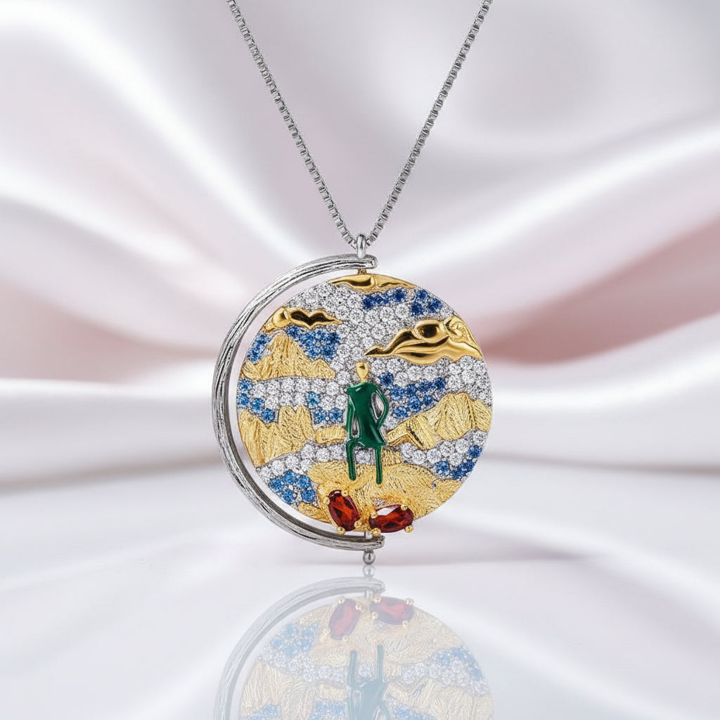 Rotatable Oil Painting Pendant Necklace-Black Diamonds New York