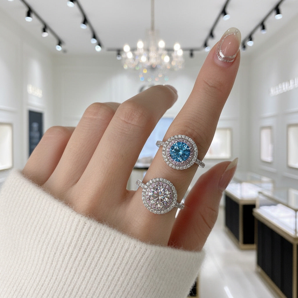 Round Aquamarine Double Halo Cocktail Ring-Black Diamonds New York