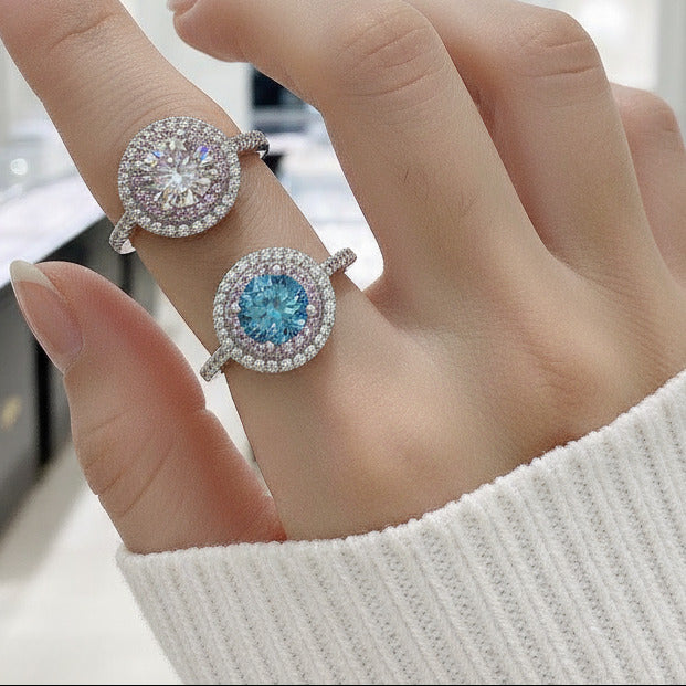 Round Aquamarine Double Halo Cocktail Ring-Black Diamonds New York