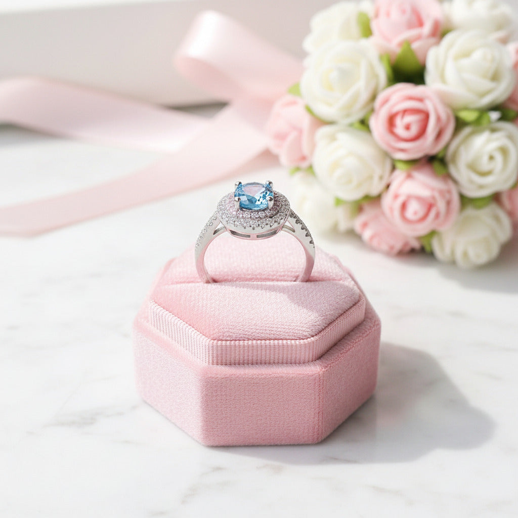 Round Aquamarine Double Halo Cocktail Ring-Black Diamonds New York