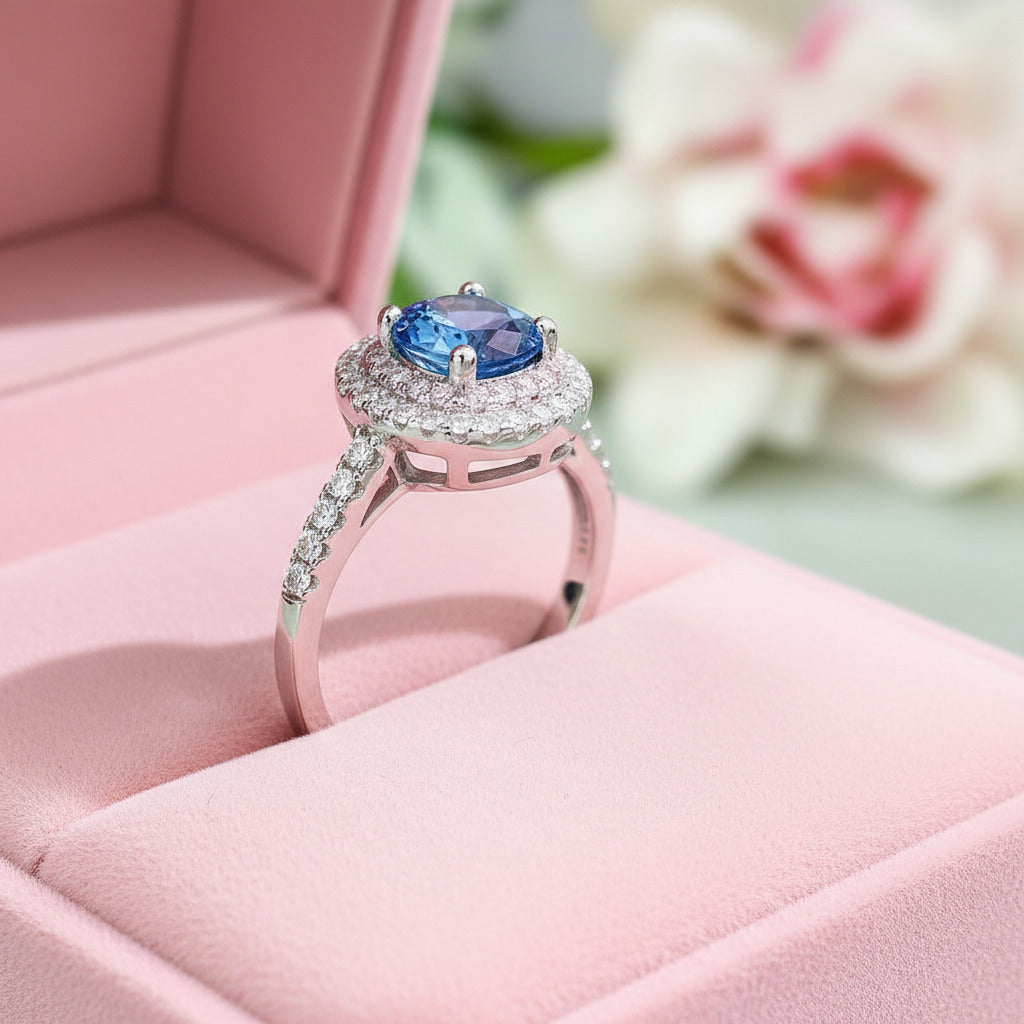 Round Aquamarine Double Halo Cocktail Ring-Black Diamonds New York