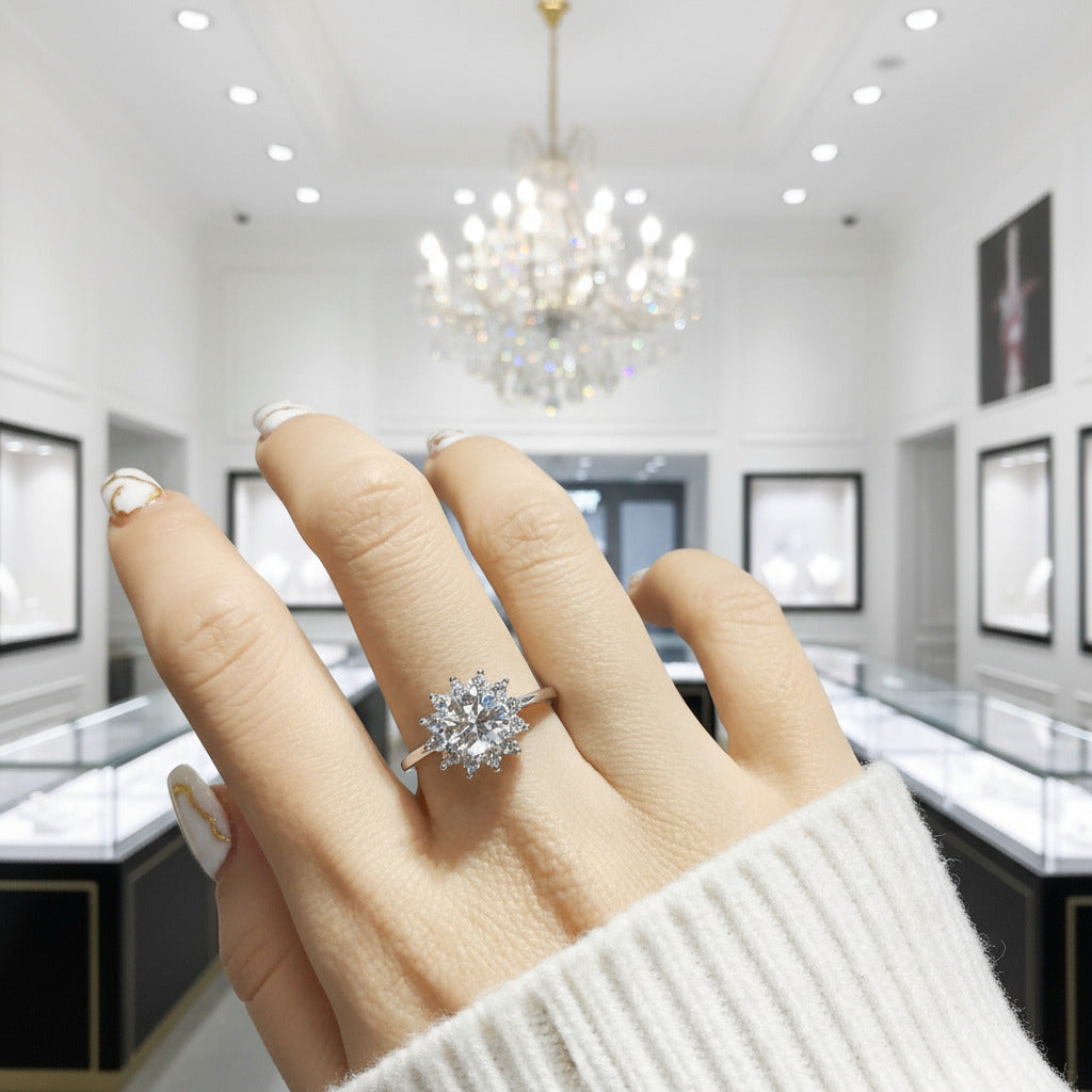 Round Cut 1 Carat Diamond Option Sunflower Engagement Ring-Black Diamonds New York