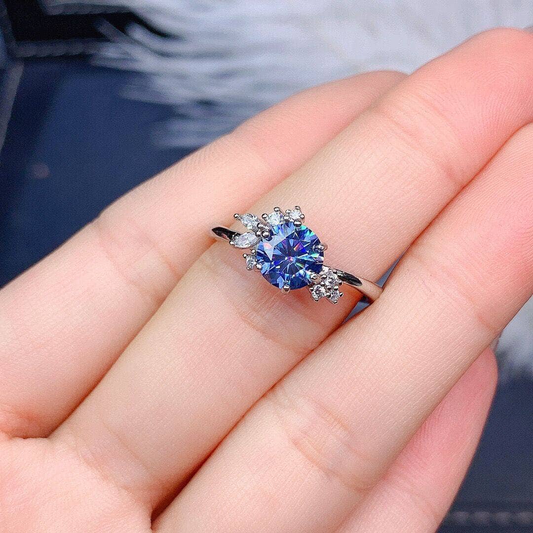 Round Cut 1.0 CT Blue Moissanite Diamond Engagement Ring-Black Diamonds New York