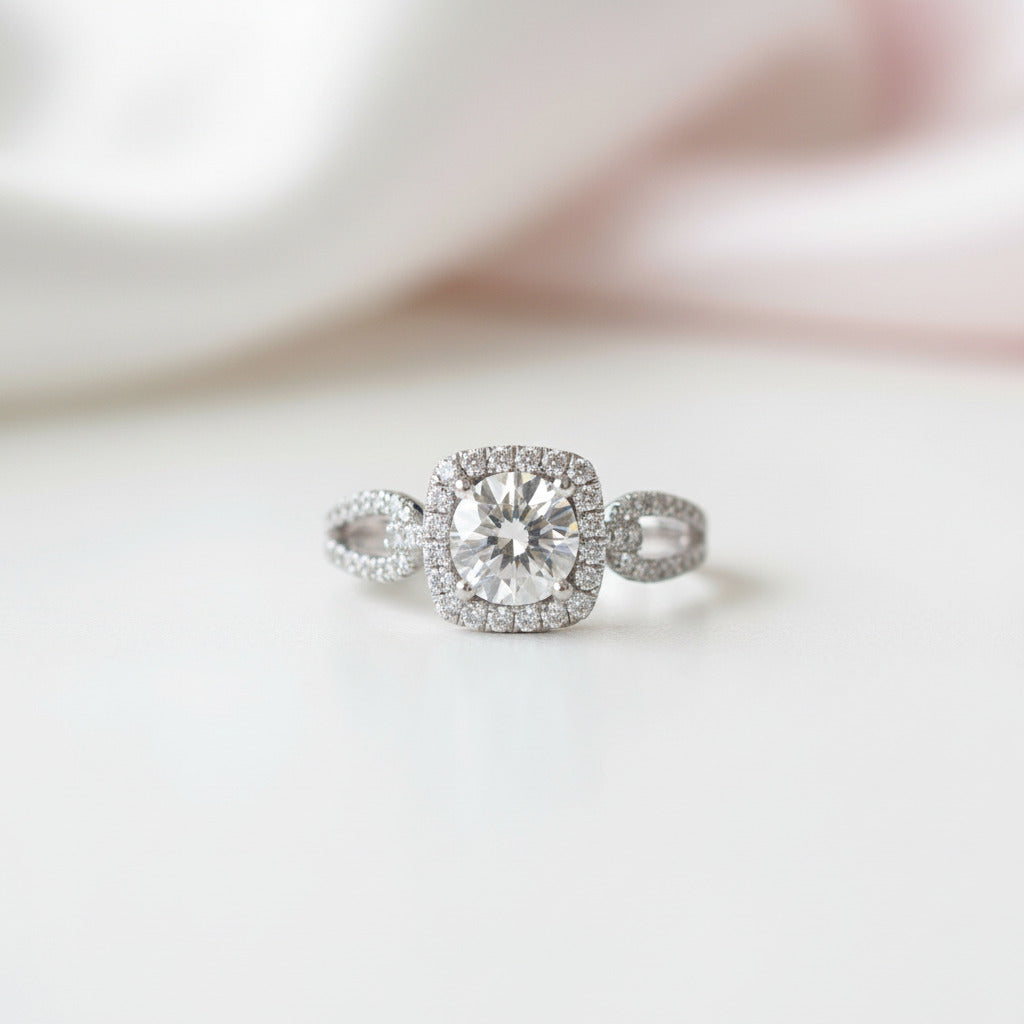 Round Cut 18k Halo Diamond Option Split Shank Engagement Ring-Black Diamonds New York