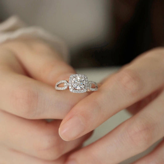 Round Cut 18k Halo Moissanite Split Shank Engagement Ring-Black Diamonds New York