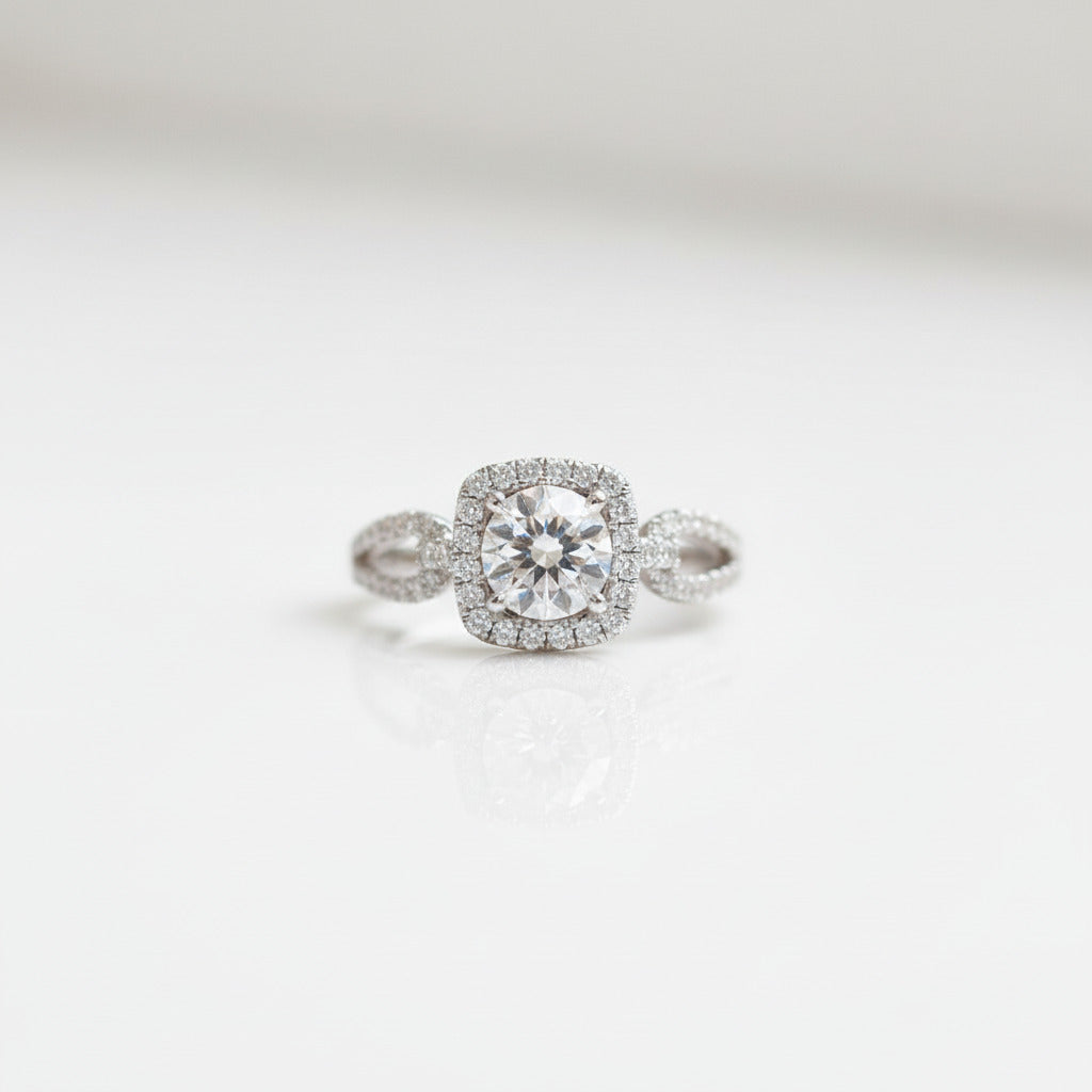 Round Cut 18k Halo Diamond Option Split Shank Engagement Ring-Black Diamonds New York