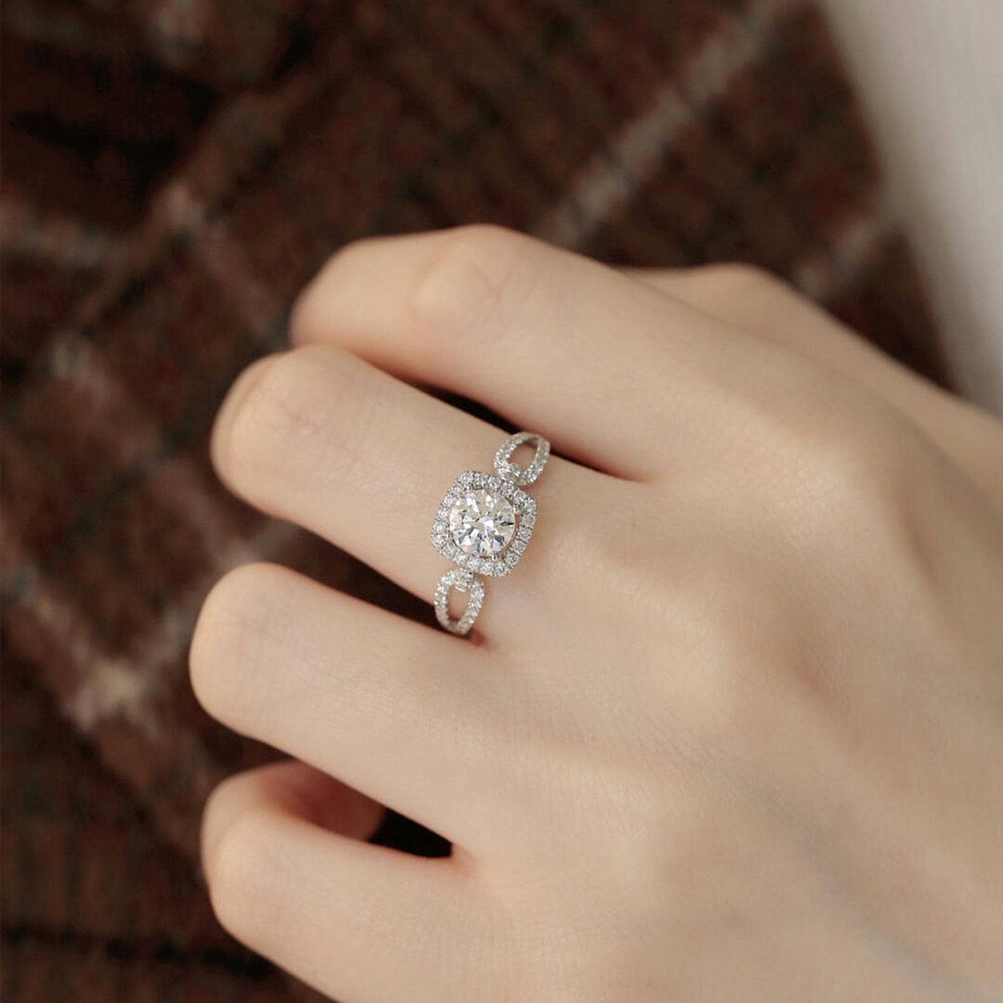 Round Cut Halo Moissanite Split Shank Engagement Ring - Black Diamonds New York