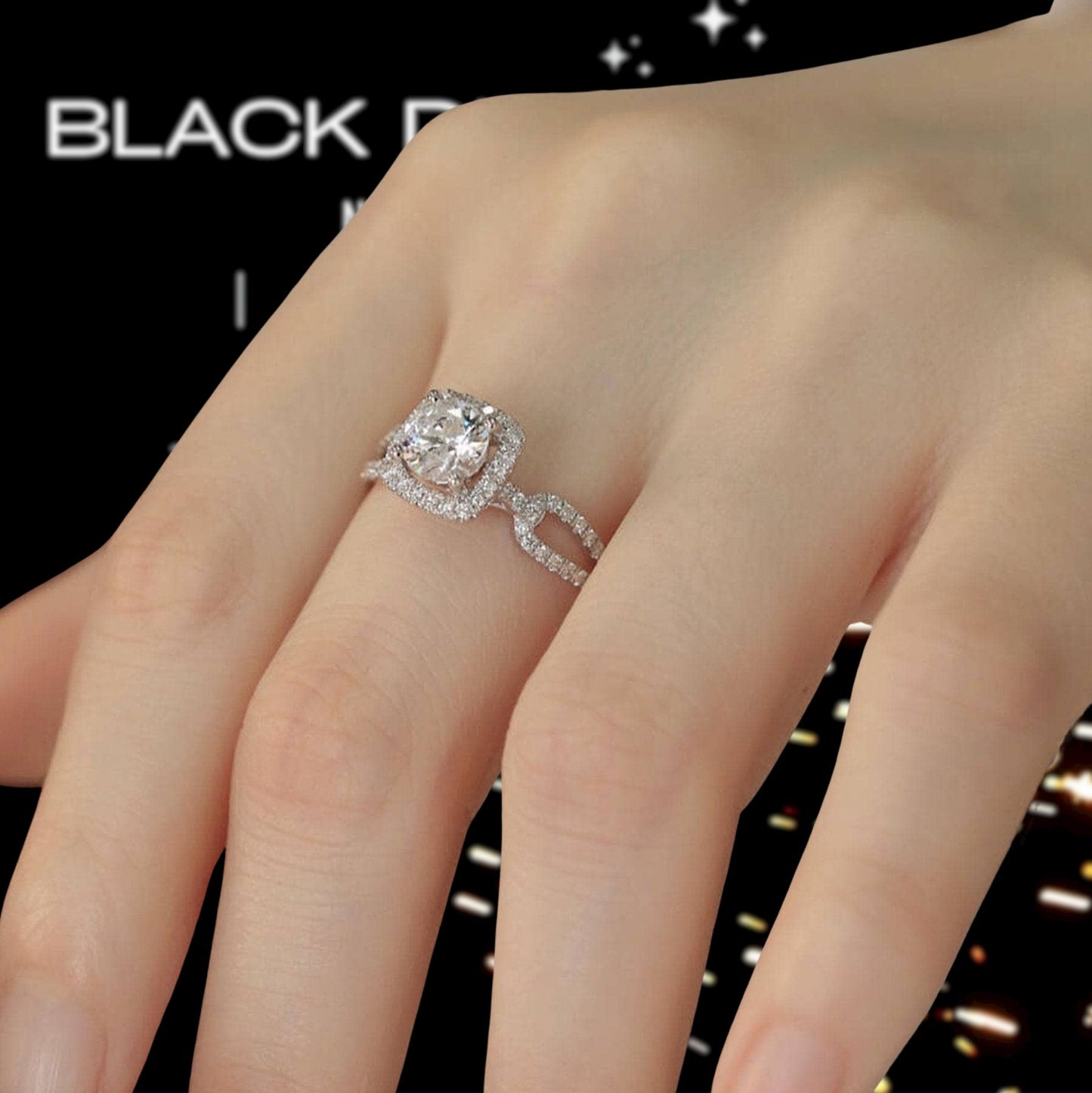 Round Cut 18k Halo Moissanite Split Shank Engagement Ring - Black Diamonds New York