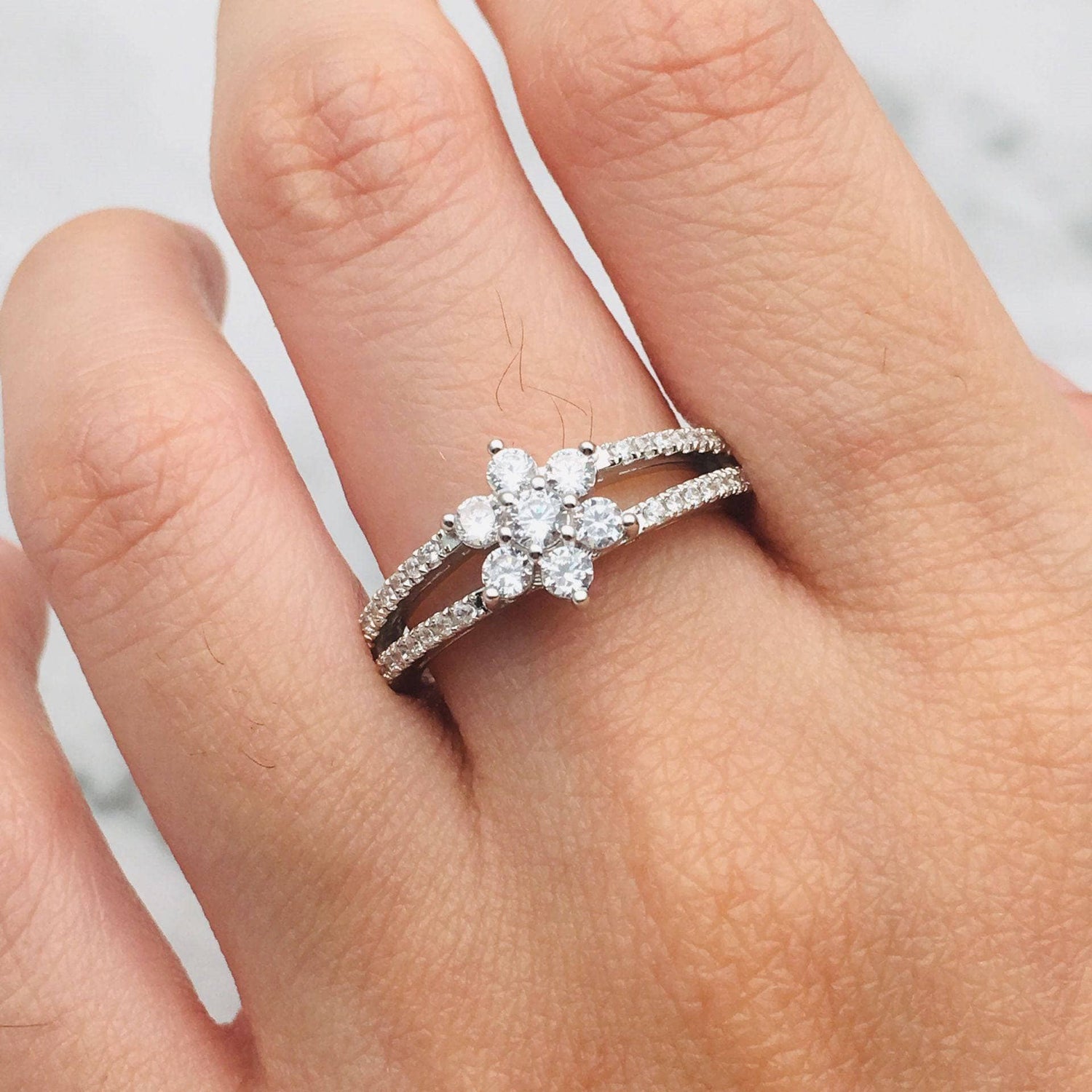 Round Cut Moissanite Cute Flower Design Engagement Ring - Black Diamonds New York