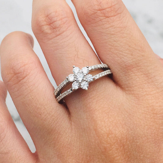 Round Cut 18k Moissanite Cute Flower Design Engagement Ring-Black Diamonds New York