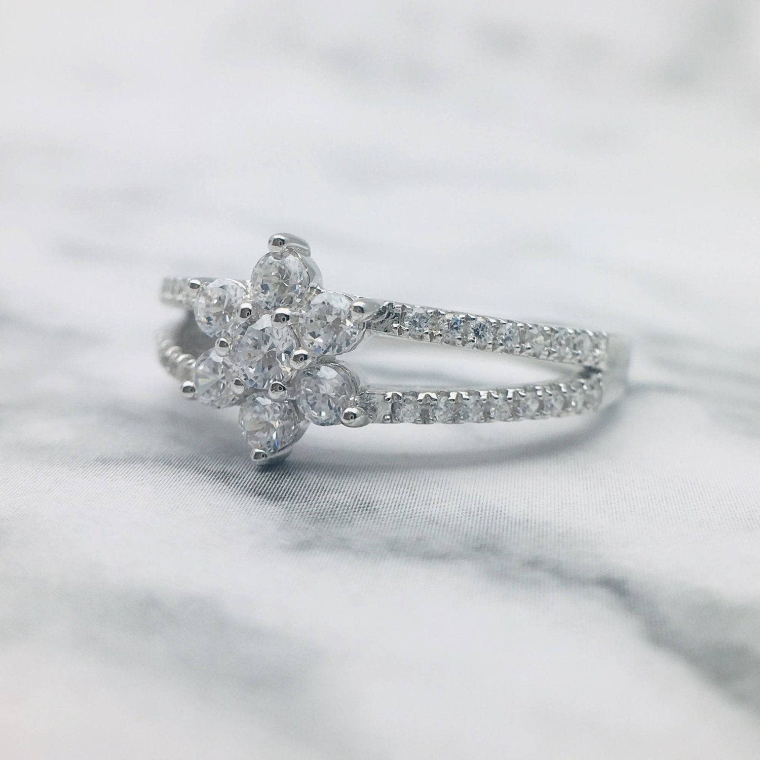 Round Cut Moissanite Cute Flower Design Engagement Ring - Black Diamonds New York