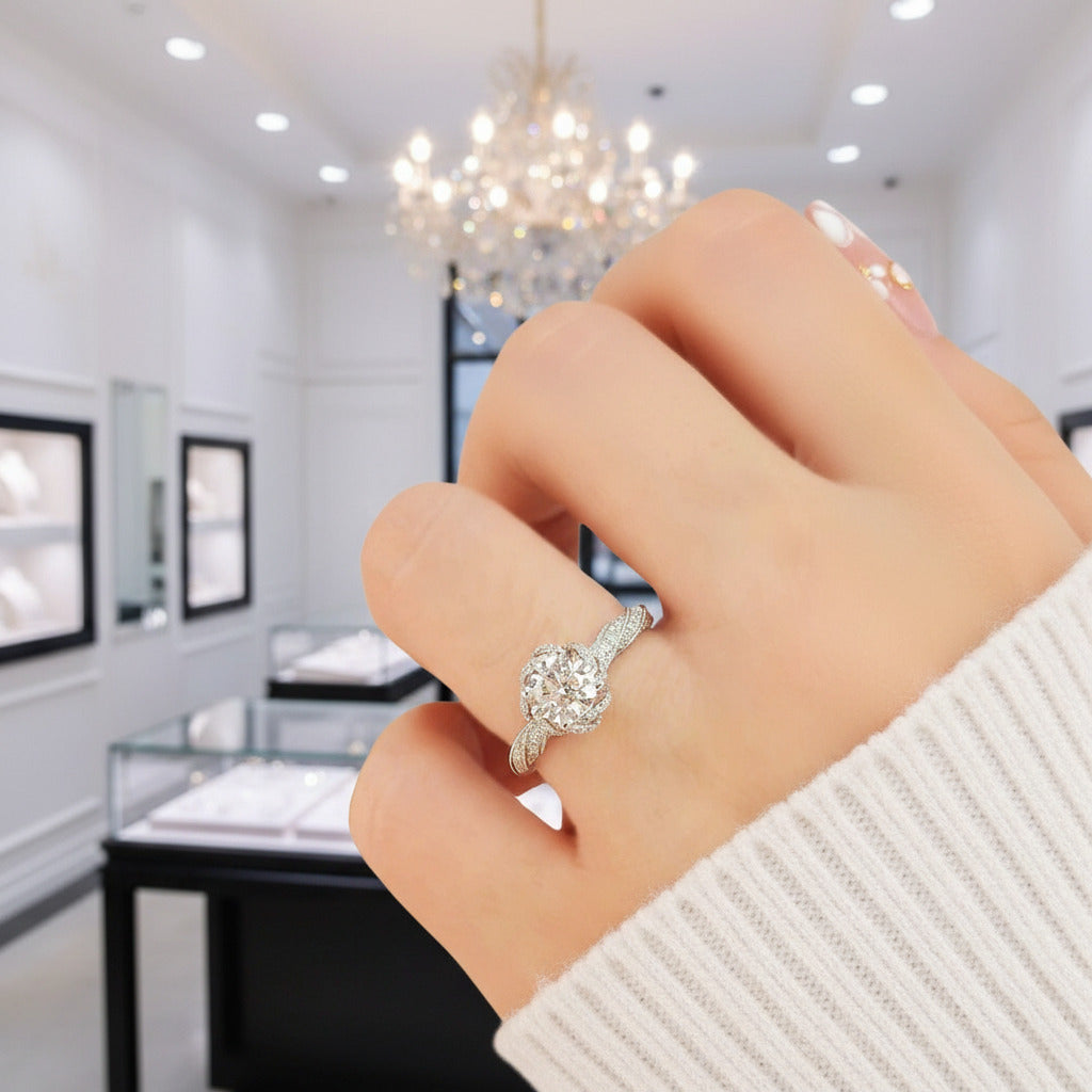 Round Cut 18k Diamond Halo Twist Engagement Ring-Black Diamonds New York