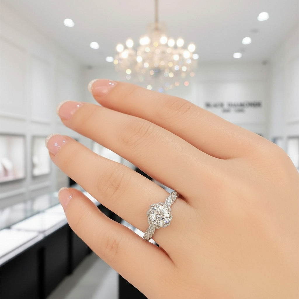 Round Cut 18k Diamond Halo Twist Engagement Ring-Black Diamonds New York