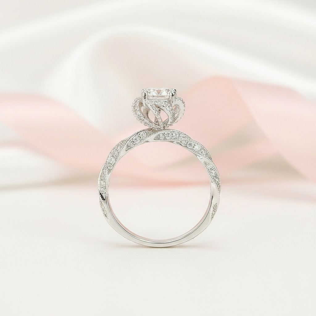 Round Cut 18k Diamond Halo Twist Engagement Ring-Black Diamonds New York