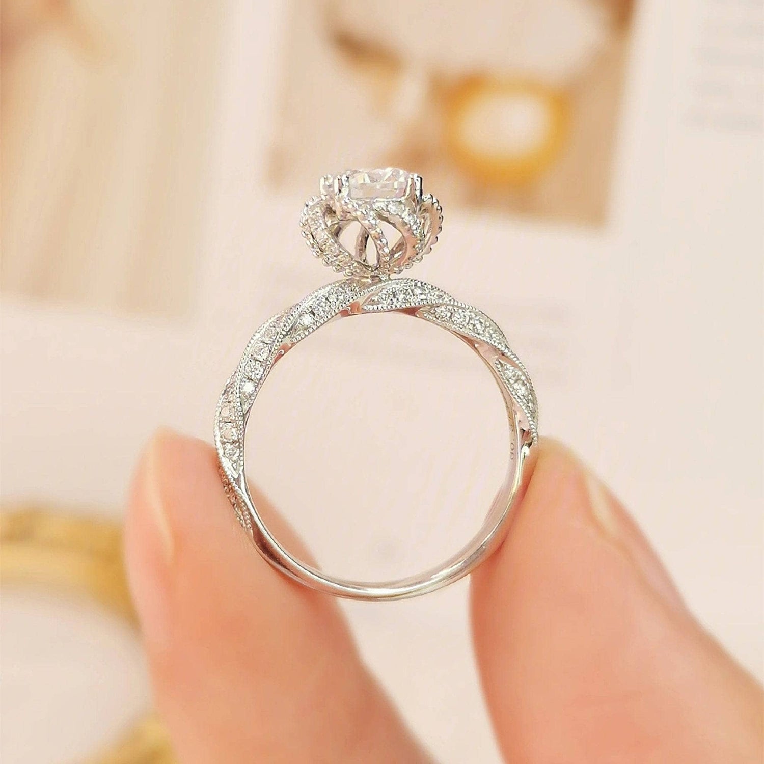Round Cut 18k Moissanite Halo Twist Engagement Ring-Black Diamonds New York