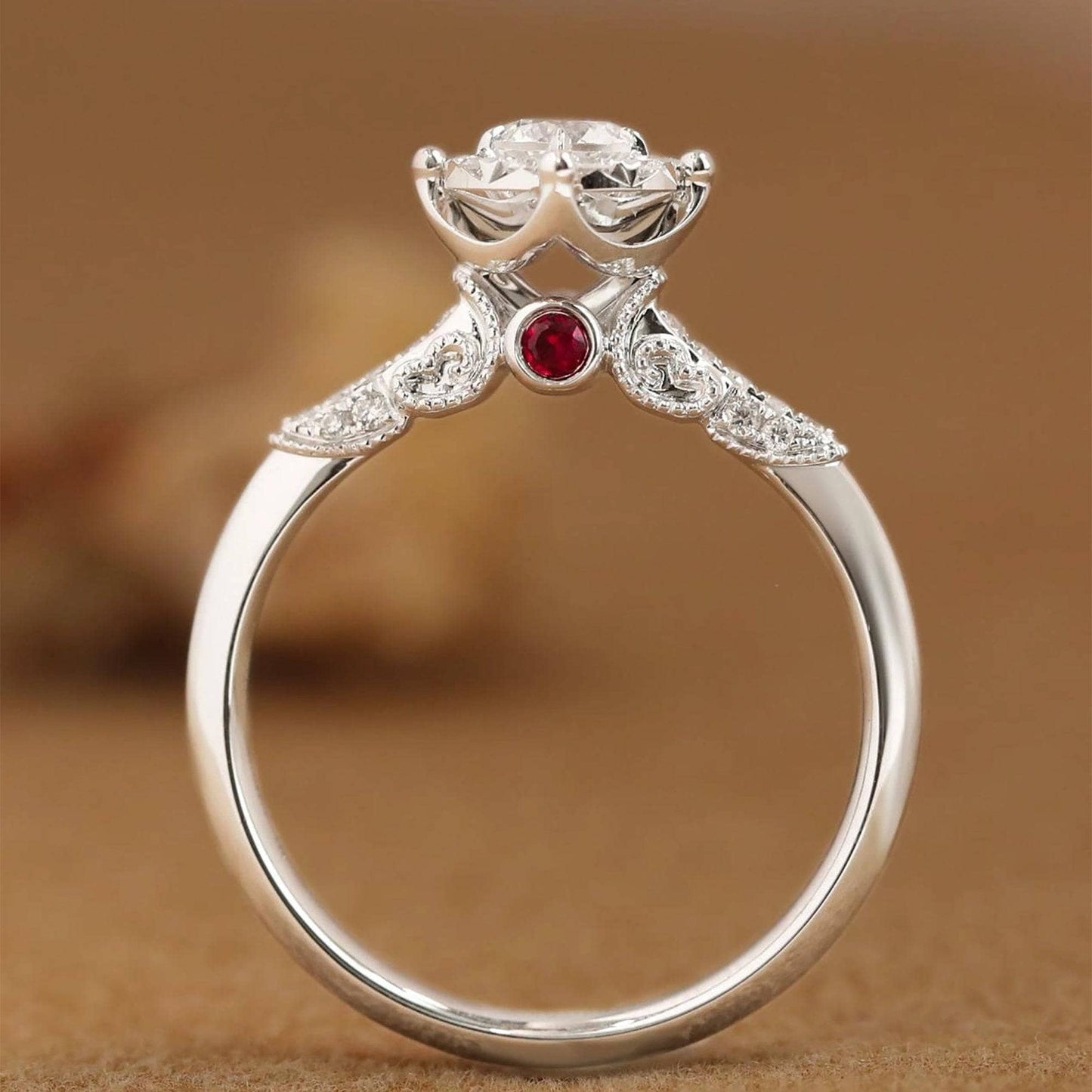 Round Cut Moissanite with Ruby Antique Design Engagement Ring - Black Diamonds New York