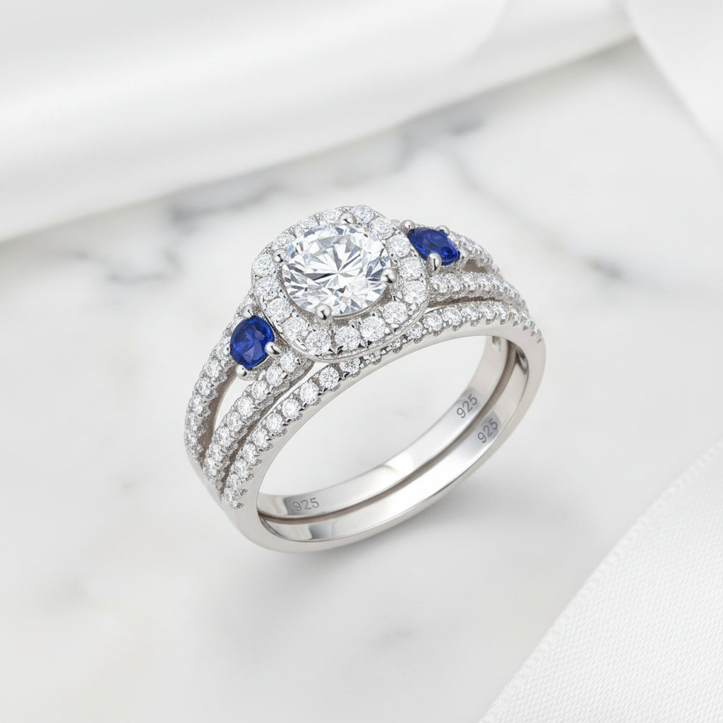 Round Cut Diamond Option with Blue Side Stones Halo Ring Set-Black Diamonds New York