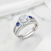 Round Cut Diamond Option with Blue Side Stones Halo Ring Set-Black Diamonds New York