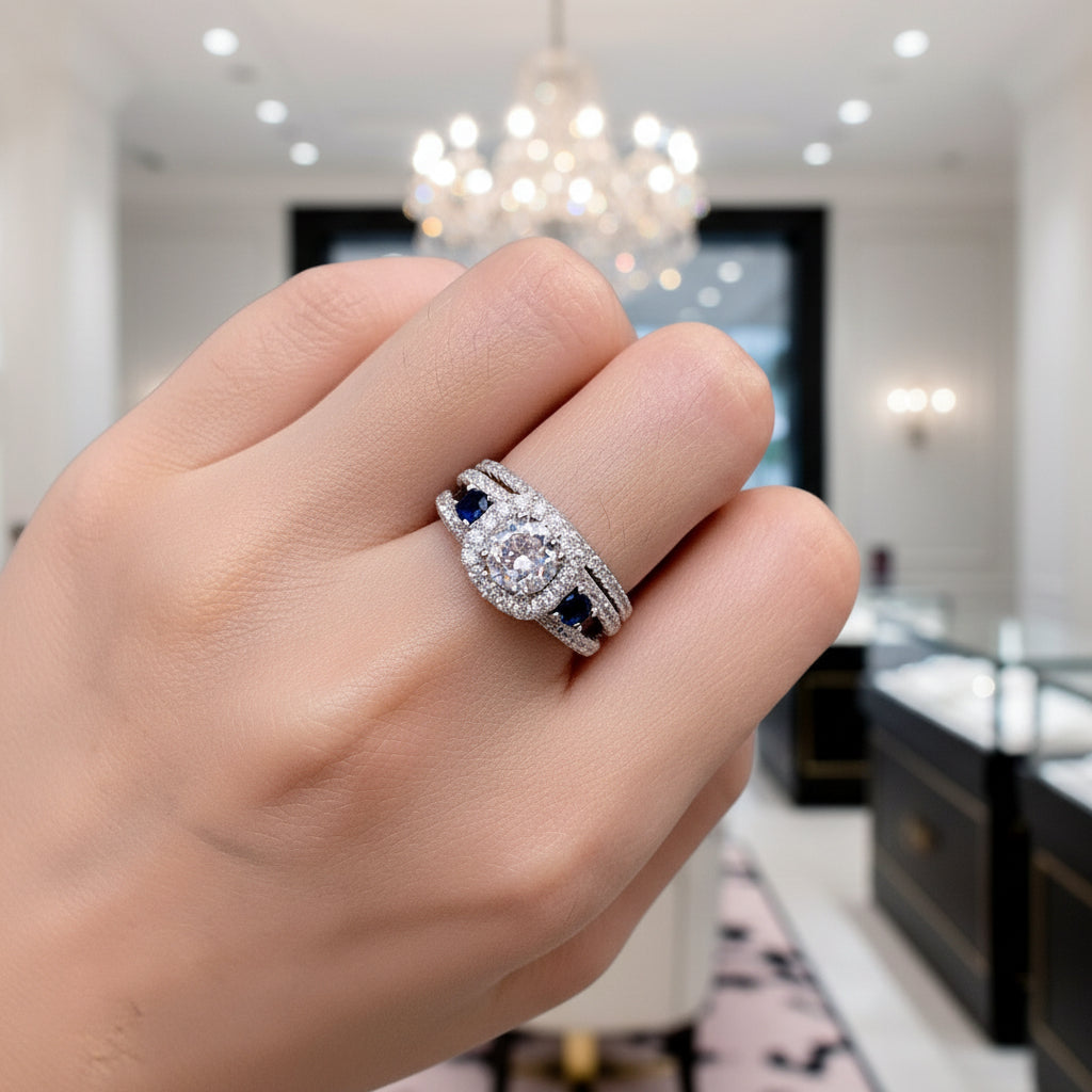 Round Cut Diamond Option with Blue Side Stones Halo Ring Set-Black Diamonds New York
