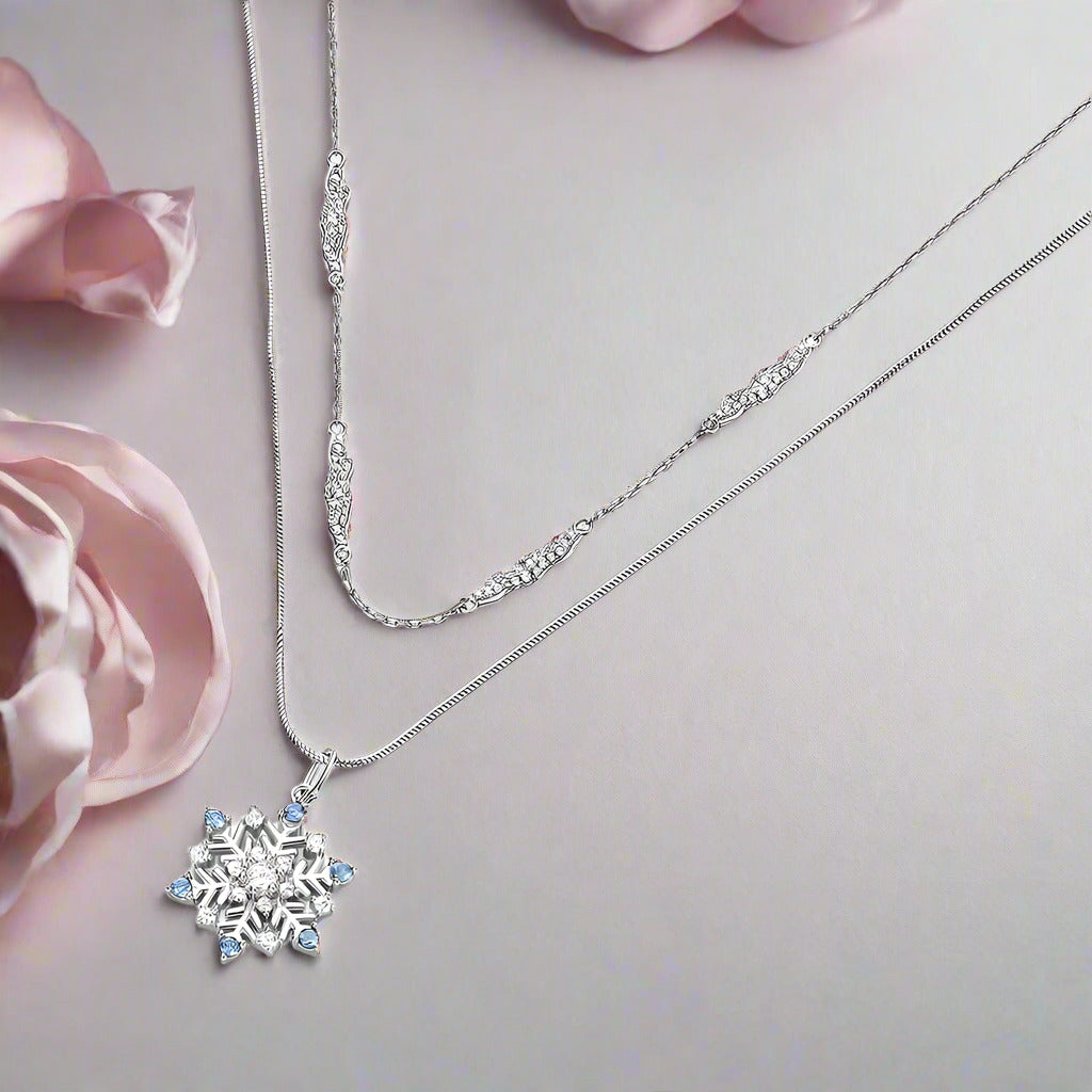 Round Cut Diamond Snowflake Double Chain Necklace-Black Diamonds New York