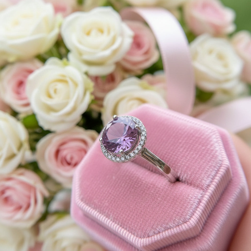 Round Cut Lab Alexandrite Halo Engagement Ring-Black Diamonds New York