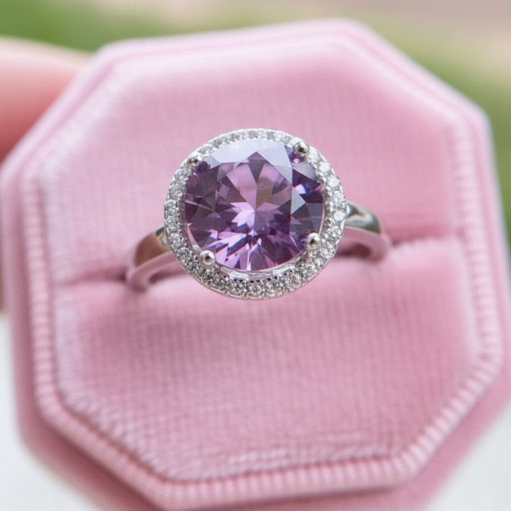 Round Cut Lab Alexandrite Halo Engagement Ring-Black Diamonds New York