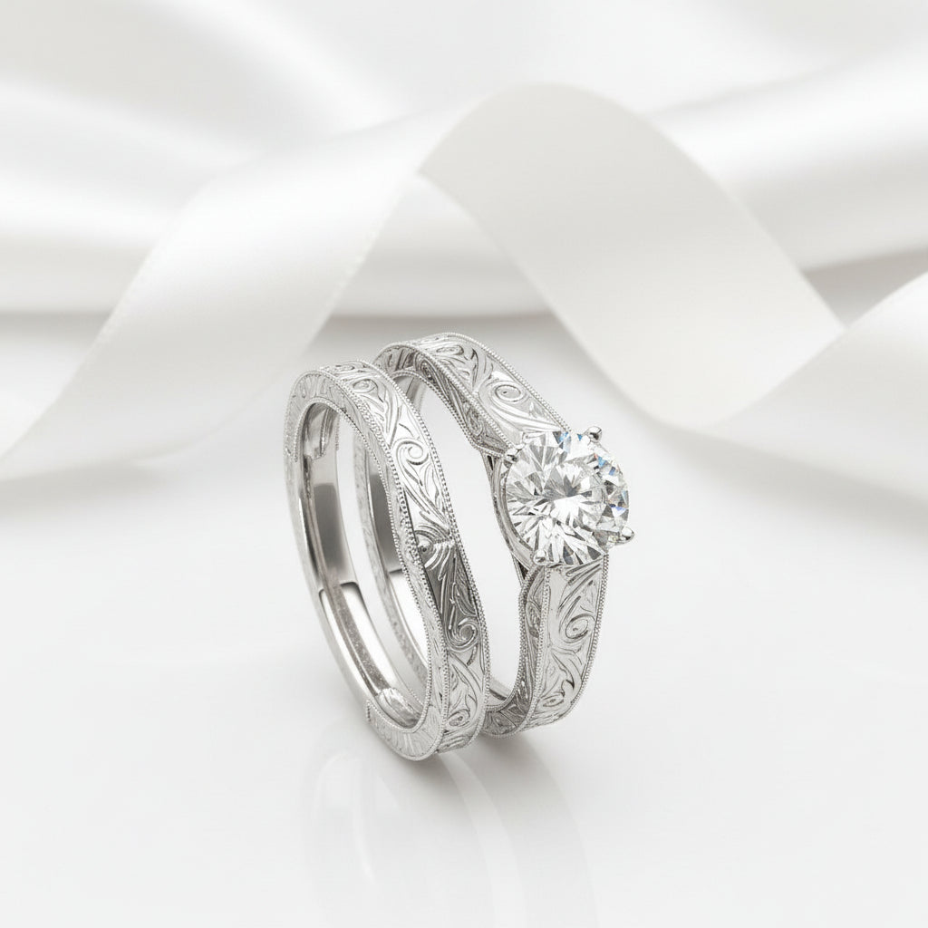 Round Cut Diamond Option Art Deco Engagement Ring Set-Black Diamonds New York