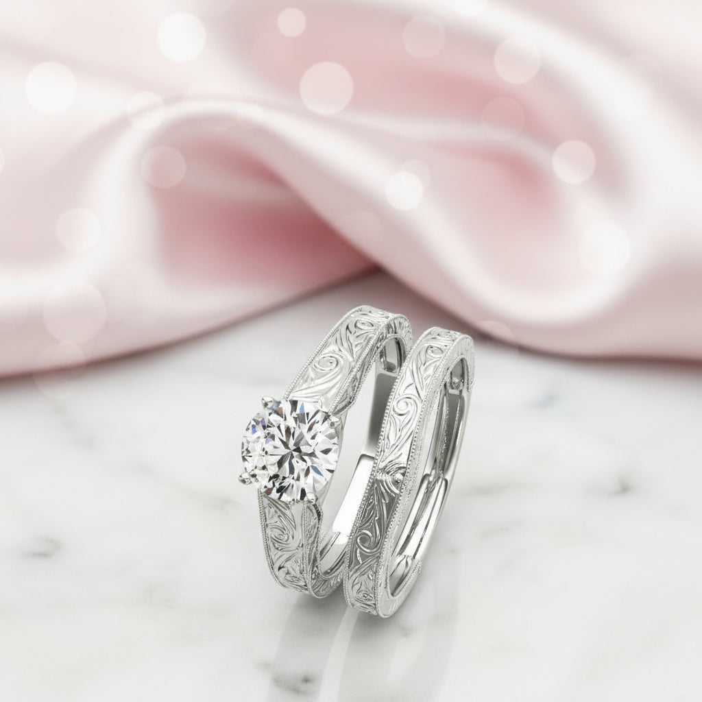 Round Cut Diamond Option Art Deco Engagement Ring Set-Black Diamonds New York