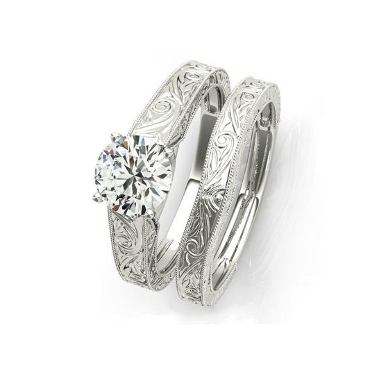 Round Cut Moissanite Art Deco Engagement Ring Set - Black Diamonds New York