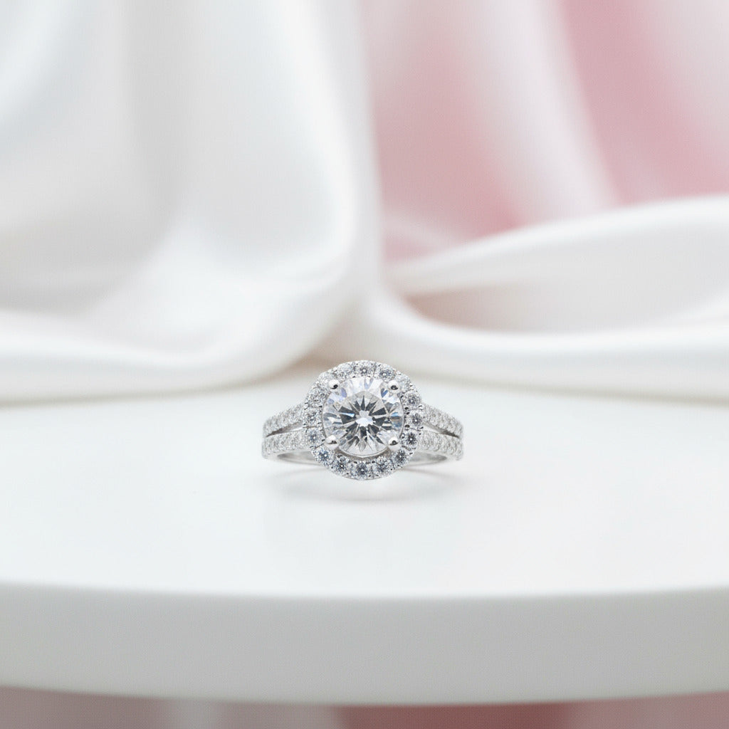 Round Cut Diamond Halo Double Band Engagement Ring-Black Diamonds New York