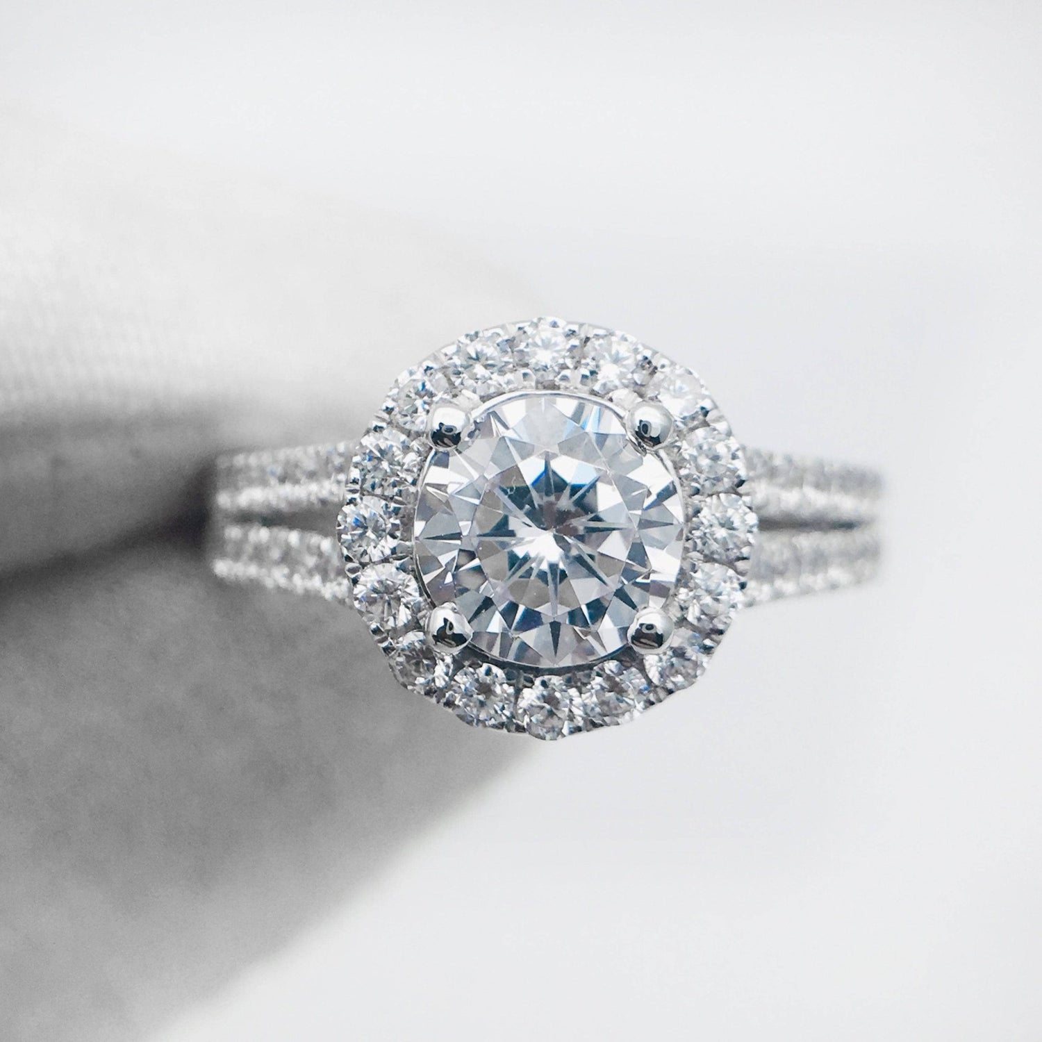 Round Cut Moissanite Halo Double Band Engagement Ring-Black Diamonds New York