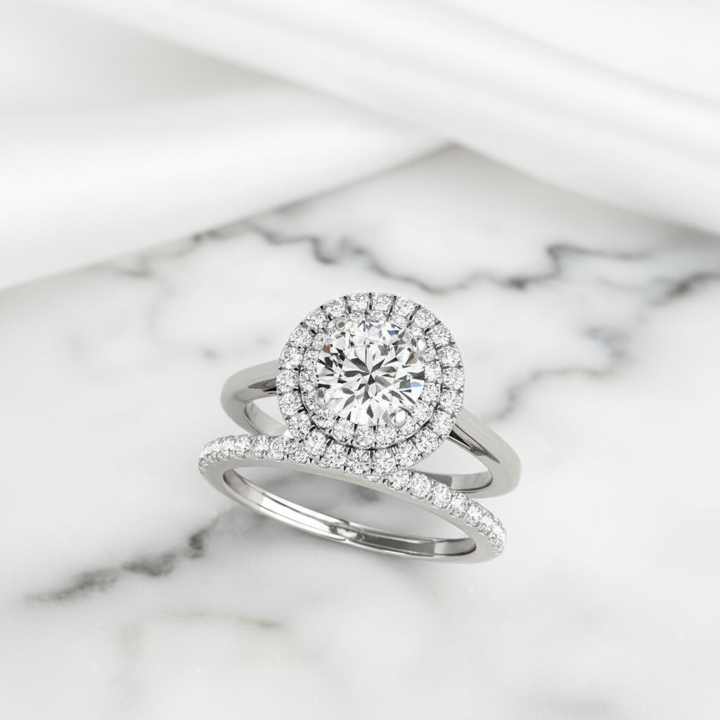 Round Cut Diamond Option Halo White Gold Engagement Ring Set-Black Diamonds New York