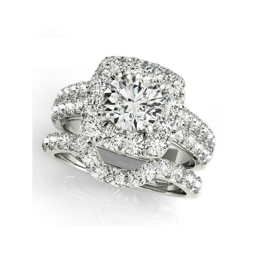 Round Cut Moissanite Halo White Gold Engagement Ring Set - Black Diamonds New York