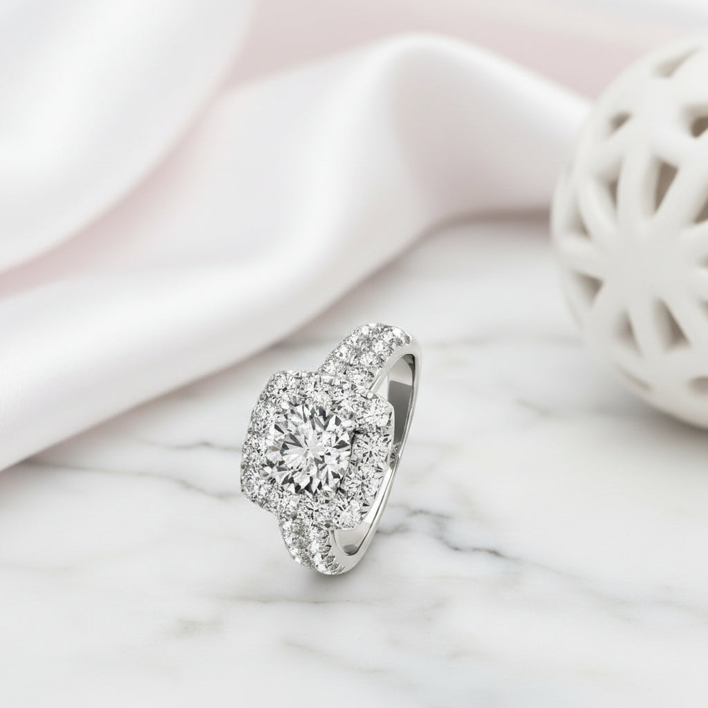 Round Cut Diamond Option Halo White Gold Engagement Ring Set-Black Diamonds New York
