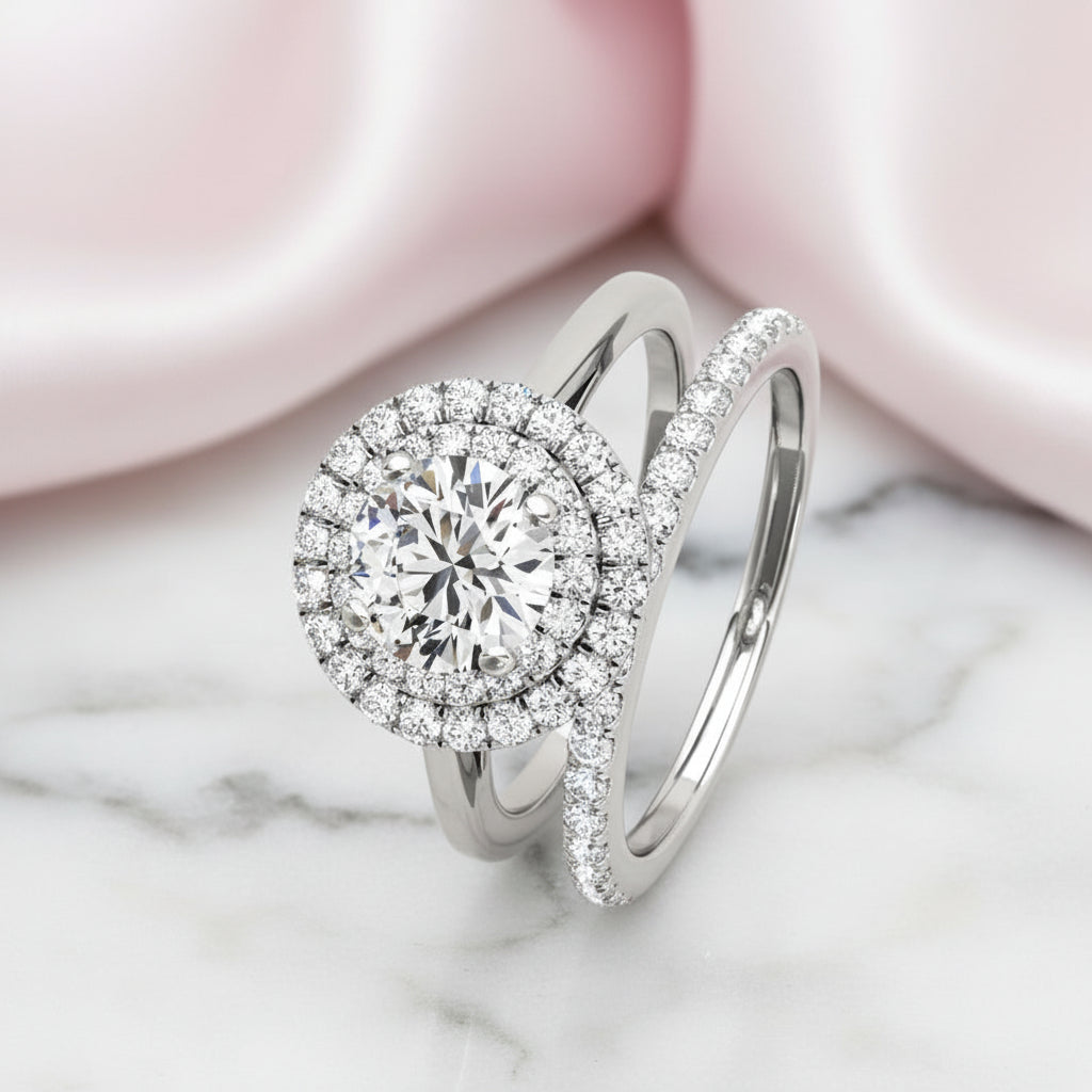 Round Cut Diamond Option Halo White Gold Engagement Ring Set-Black Diamonds New York