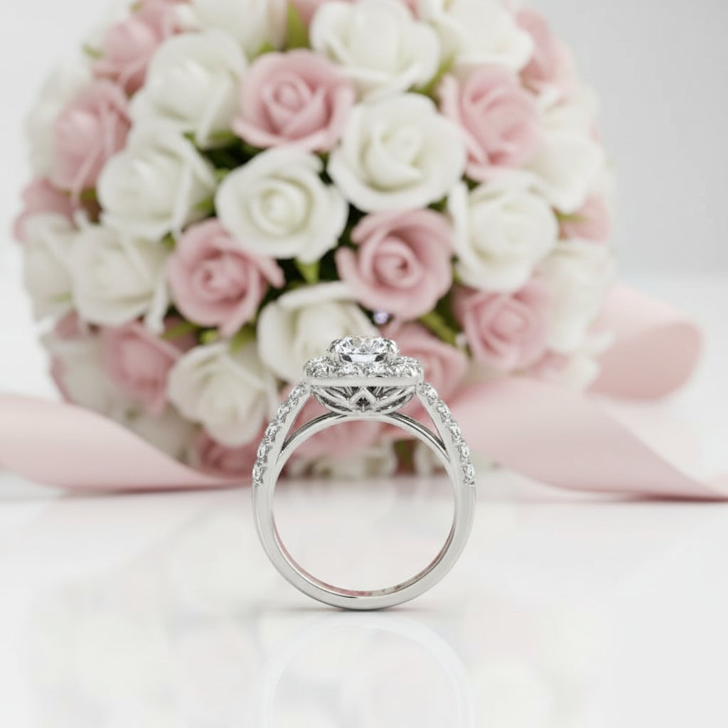 Round Cut Diamond Option Halo White Gold Engagement Ring Set-Black Diamonds New York