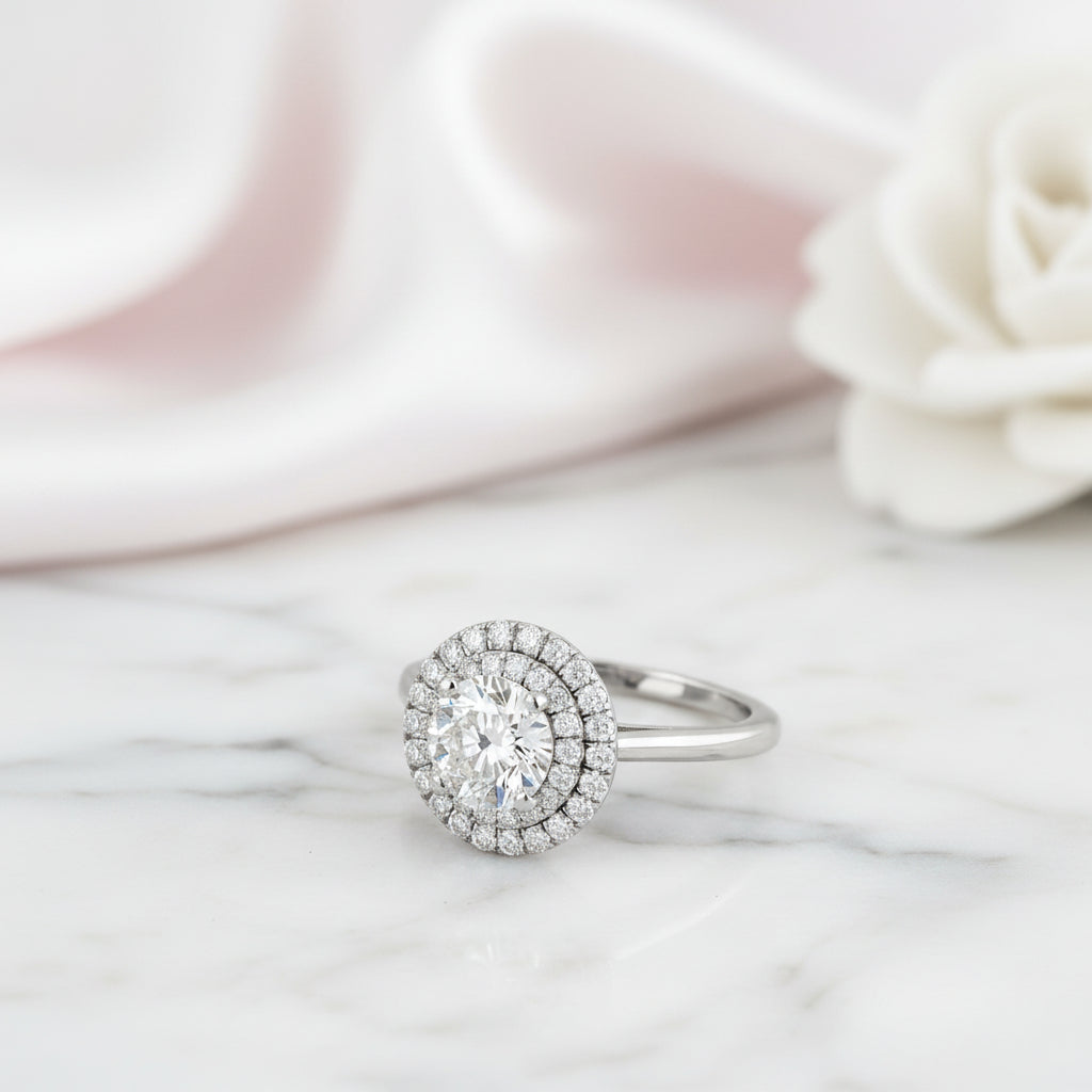 Round Cut Diamond Option Halo White Gold Engagement Ring Set-Black Diamonds New York