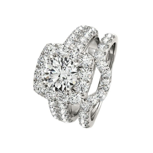 Round Cut Moissanite Halo White Gold Engagement Ring Set - Black Diamonds New York