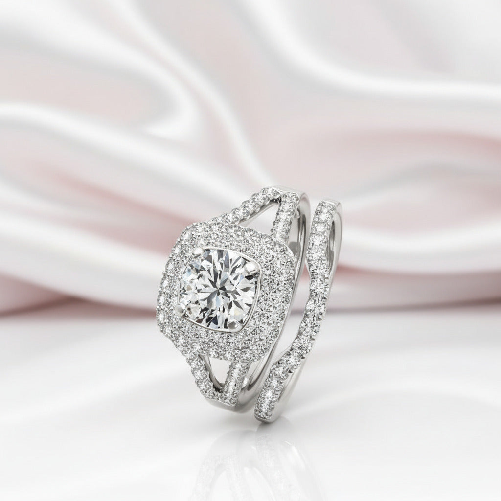 Round Cut Diamond Option Halo White Gold Ring Set-Black Diamonds New York