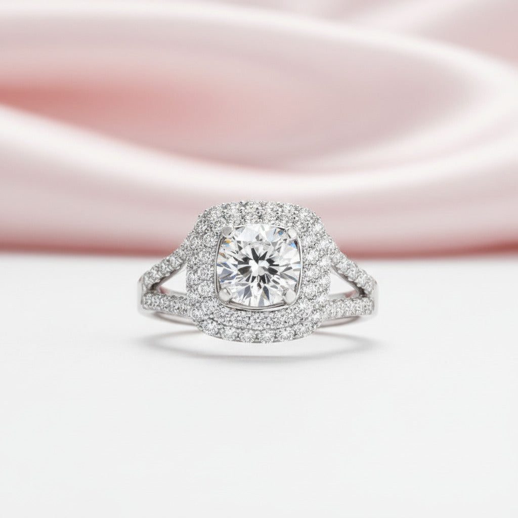 Round Cut Diamond Option Halo White Gold Ring Set-Black Diamonds New York
