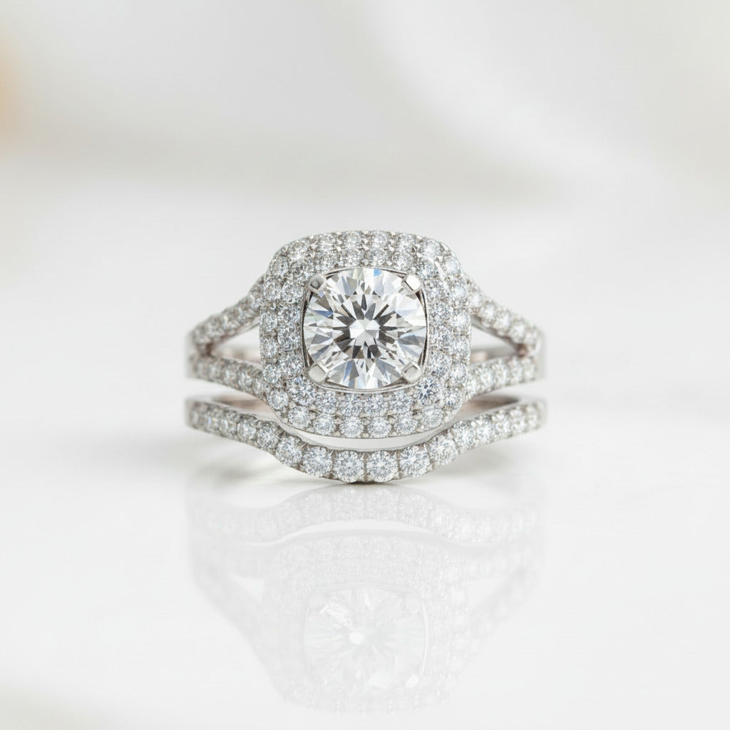 Round Cut Diamond Option Halo White Gold Ring Set-Black Diamonds New York