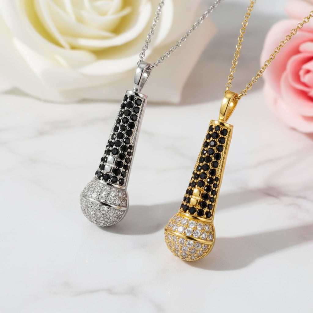 Round Cut Diamond Microphone Pendant Necklace-Black Diamonds New York