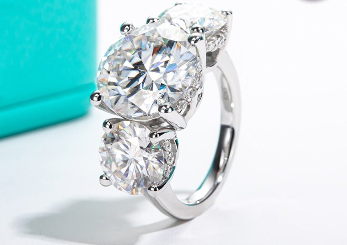 Round Cut Moissanite Three Stone White Gold Engagement Ring-Black Diamonds New York