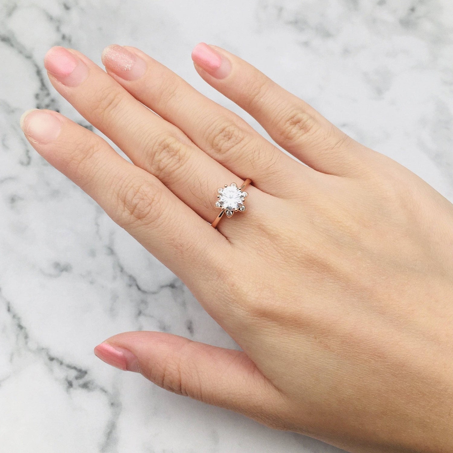 Round Cut Moissanite Unique Flower Engagement Ring - Black Diamonds New York