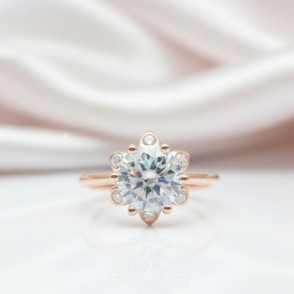 Round Cut Diamond Option Unique Flower Engagement Ring-Black Diamonds New York