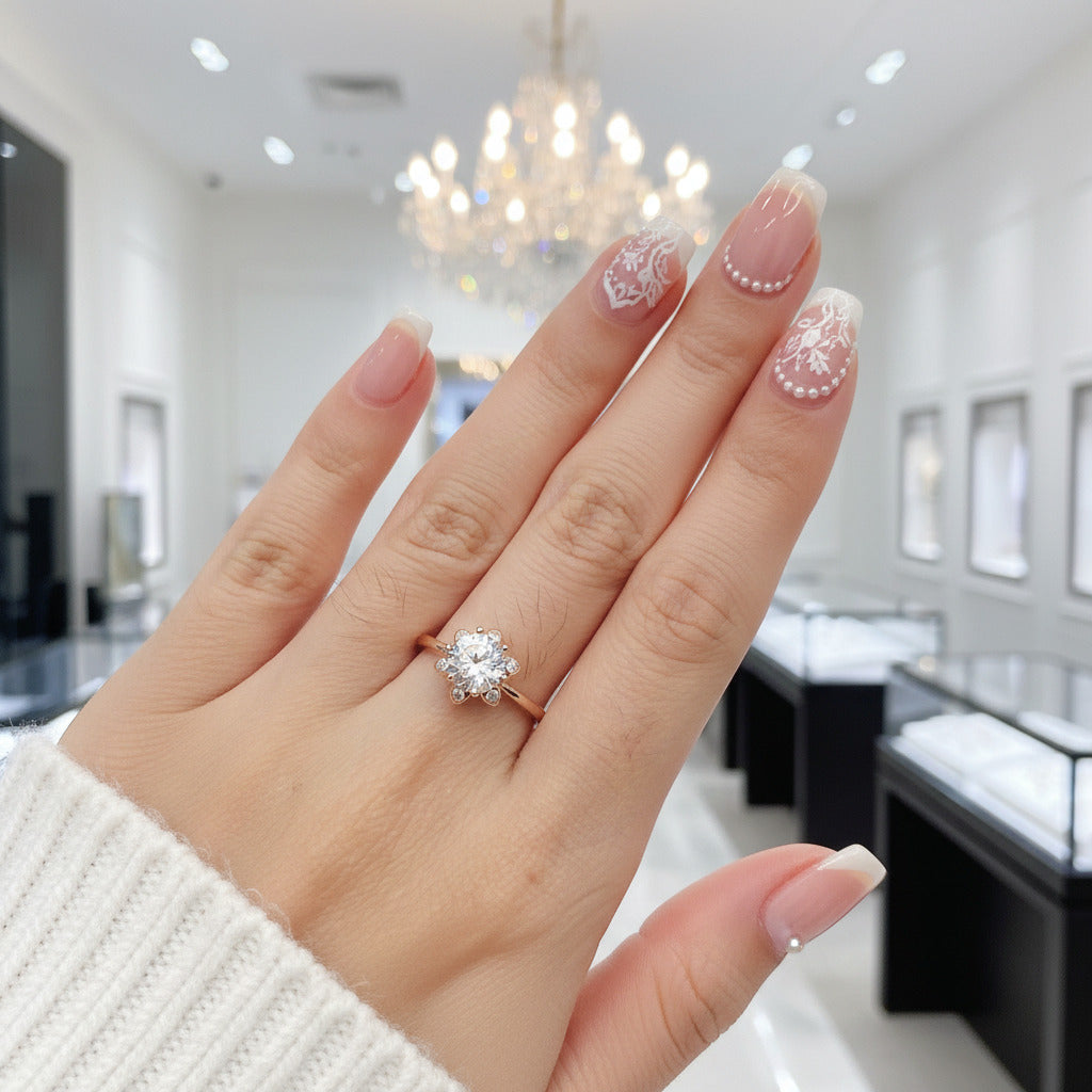 Round Cut Diamond Option Unique Flower Engagement Ring-Black Diamonds New York