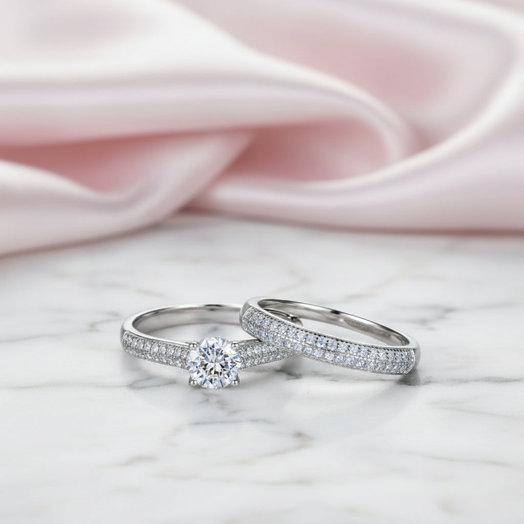 Round Cut Diamond Option White Gold Half Eternity Engagement Set-Black Diamonds New York