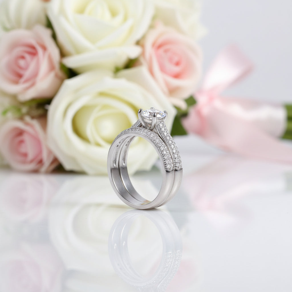 Round Cut Diamond Option White Gold Half Eternity Engagement Set-Black Diamonds New York