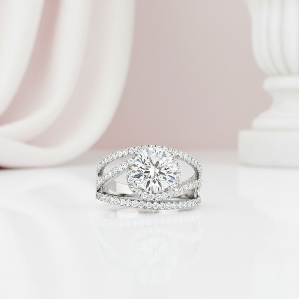 Round Cut Diamond Option White Gold Split Band Ring Set-Black Diamonds New York